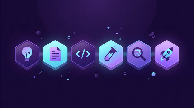 Seis bloques encadenados en fila con iconos de idea, documento, código, test, lupa y cohete