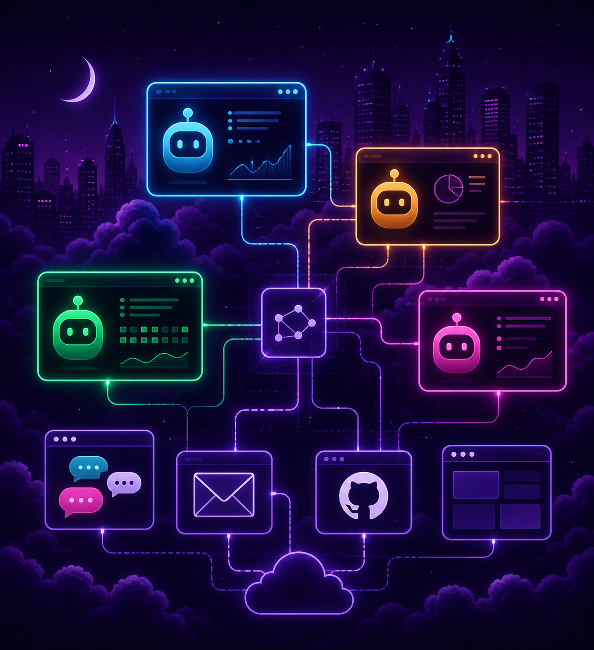 Varios agentes de IA representados como terminales con identidades propias conectados a herramientas en la nube sobre fondo violeta oscuro