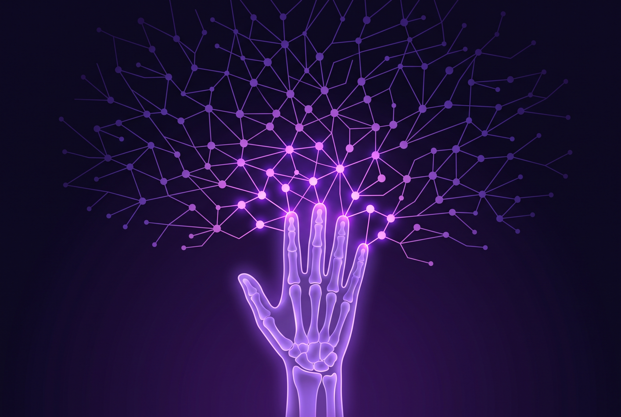 Ilustración de una mano deteniendo el avance de una red neuronal luminosa en expansión sobre fondo violeta oscuro