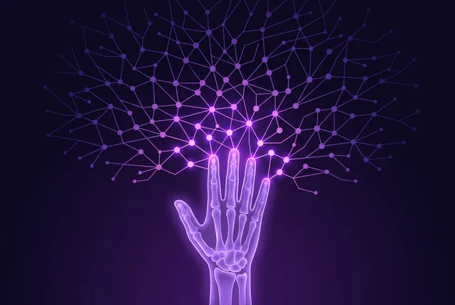 Ilustración de una mano deteniendo el avance de una red neuronal luminosa en expansión sobre fondo violeta oscuro