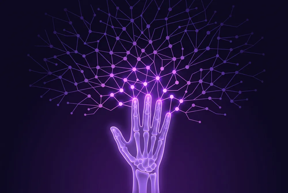 Ilustración de una mano deteniendo el avance de una red neuronal luminosa en expansión sobre fondo violeta oscuro