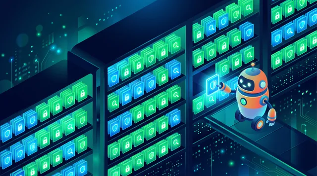 Estantería digital con cientos de pequeñas fichas iluminadas en verde y azul, cada una con un icono de escudo, candado o lupa, y un robot consultando una de ellas