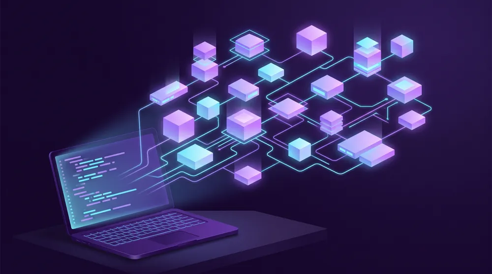 Diagrama de cajas conectadas por líneas luminosas que sale de la pantalla de un portátil con código