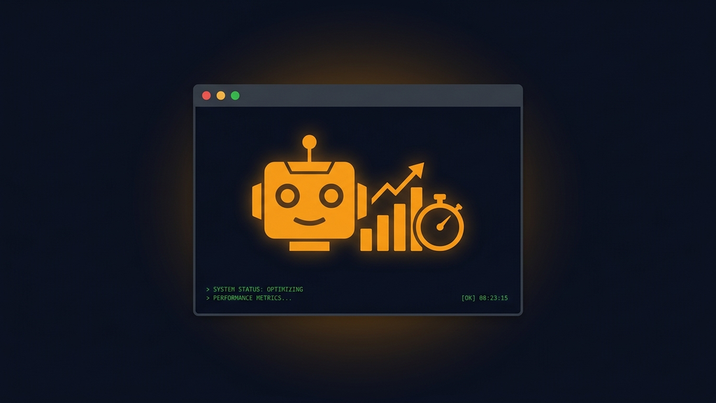Ilustración de un robot junto a un gráfico de barras y un cronómetro sobre fondo oscuro