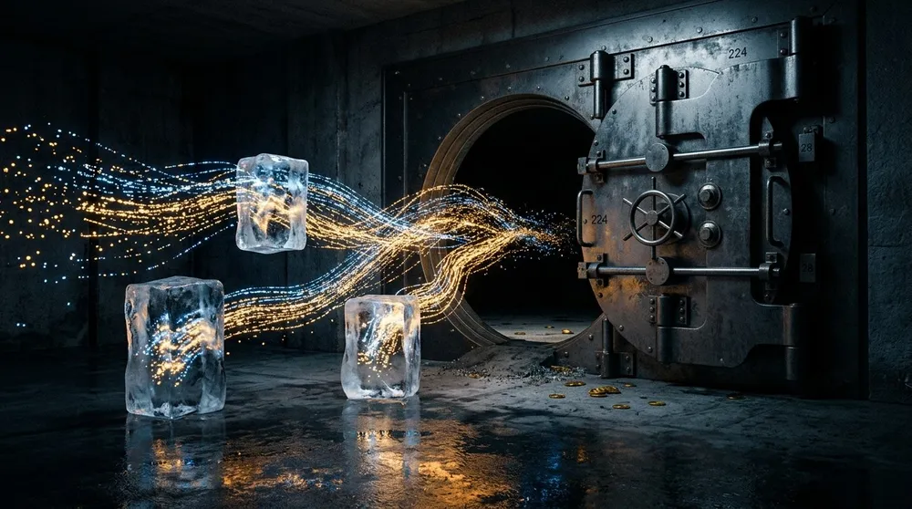 Puerta de una cámara acorazada medio abierta de la que salen corrientes de partículas doradas y azules, algunas atrapadas dentro de bloques de hielo, con monedas sueltas en el suelo mojado