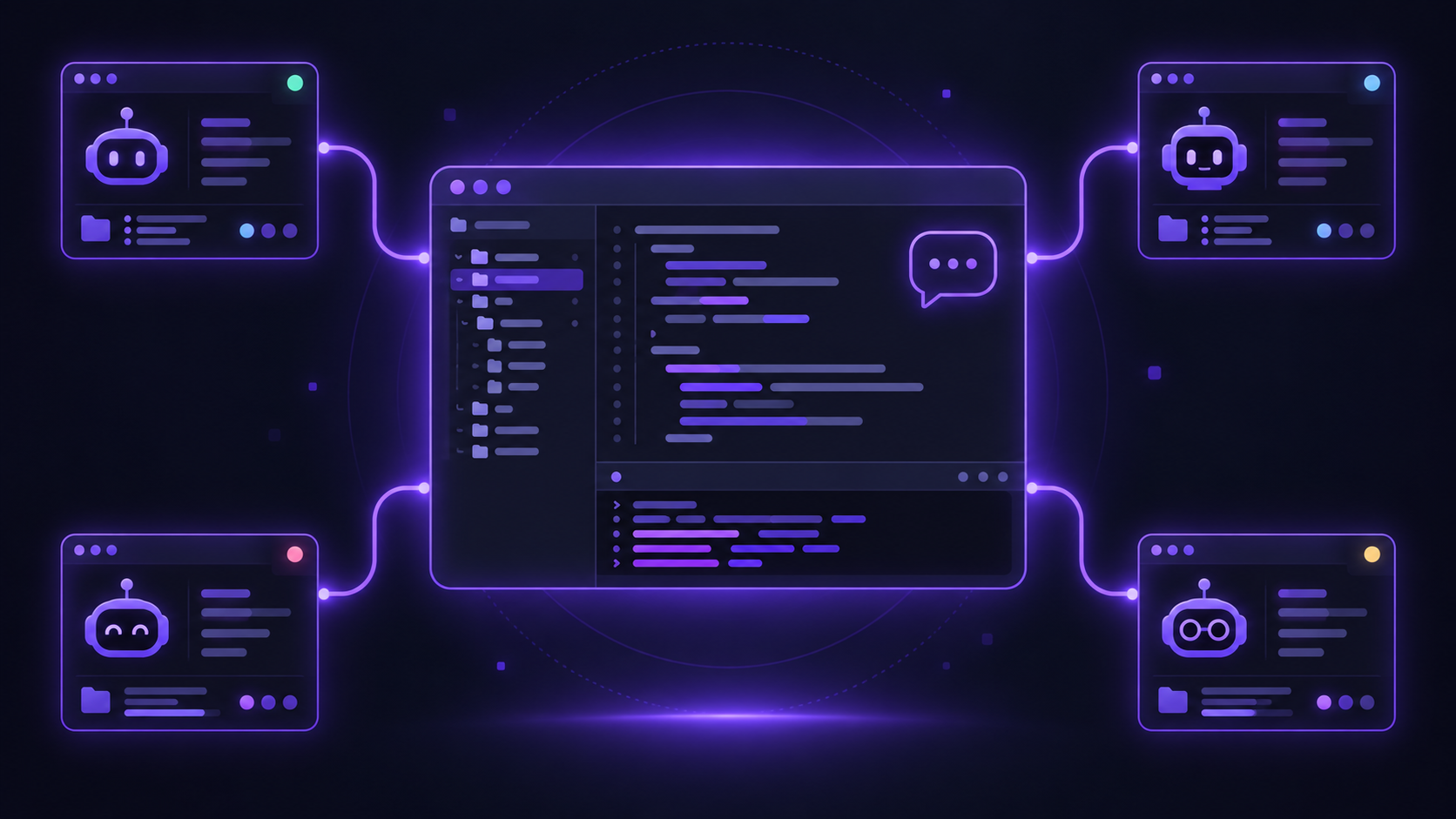 Ilustración de una ventana de aplicación de escritorio con editor de código y terminal, conectada por líneas violetas a cuatro ventanas de agentes trabajando en paralelo sobre los archivos locales