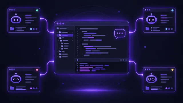 Ilustración de una ventana de aplicación de escritorio con editor de código y terminal, conectada por líneas violetas a cuatro ventanas de agentes trabajando en paralelo sobre los archivos locales