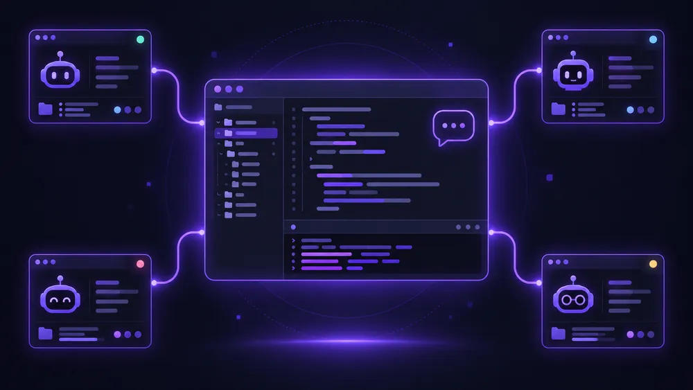 Ilustración de una ventana de aplicación de escritorio con editor de código y terminal, conectada por líneas violetas a cuatro ventanas de agentes trabajando en paralelo sobre los archivos locales