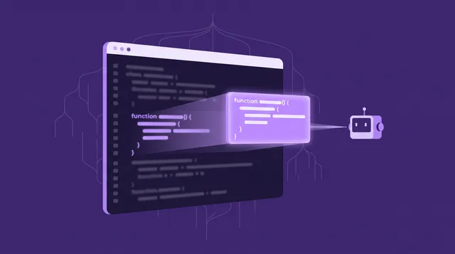 Ventana de editor de código con las líneas difuminadas salvo una función que se ilumina, sale del archivo y llega a la cabeza de un pequeño robot, sobre fondo violeta