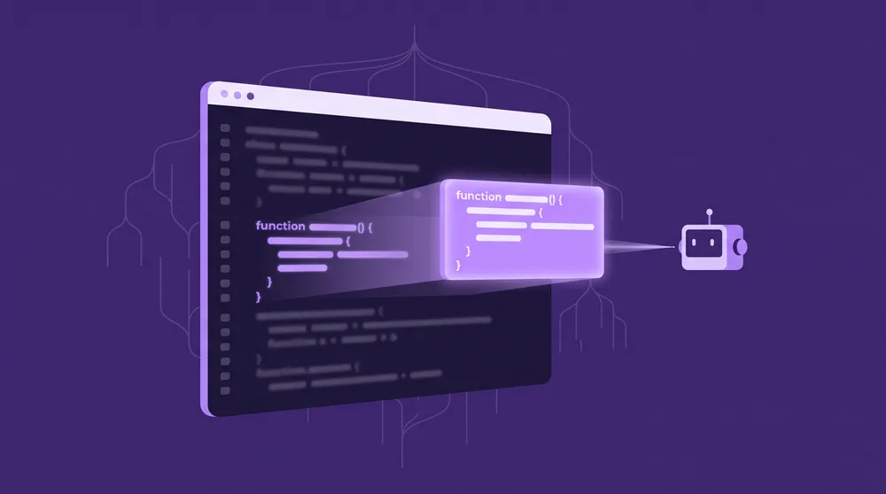 Ventana de editor de código con las líneas difuminadas salvo una función que se ilumina, sale del archivo y llega a la cabeza de un pequeño robot, sobre fondo violeta
