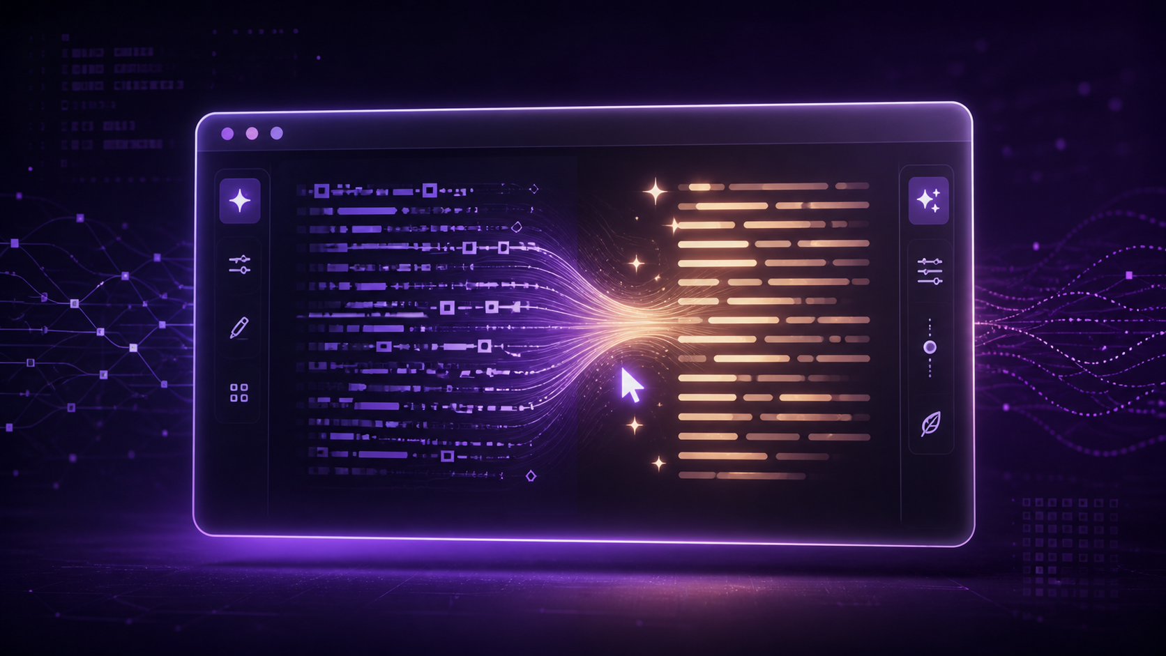 Editor de texto con texto robótico transformándose en texto natural sobre fondo violeta oscuro