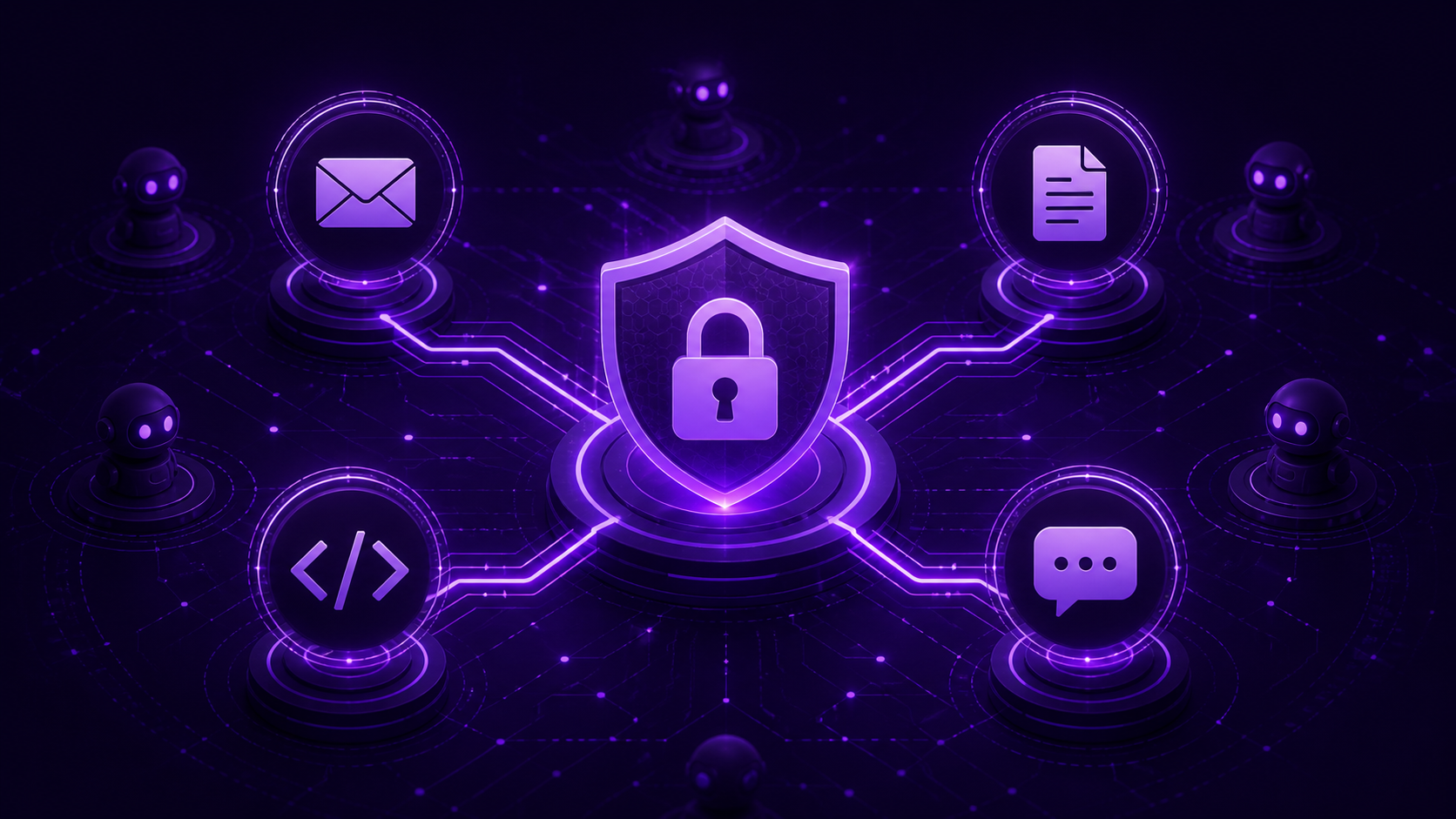 Gateway central con conexiones radiando hacia iconos de apps SaaS sobre fondo violeta oscuro