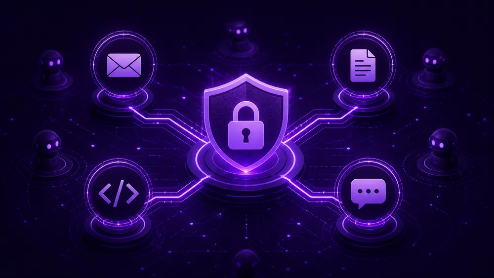 Gateway central con conexiones radiando hacia iconos de apps SaaS sobre fondo violeta oscuro