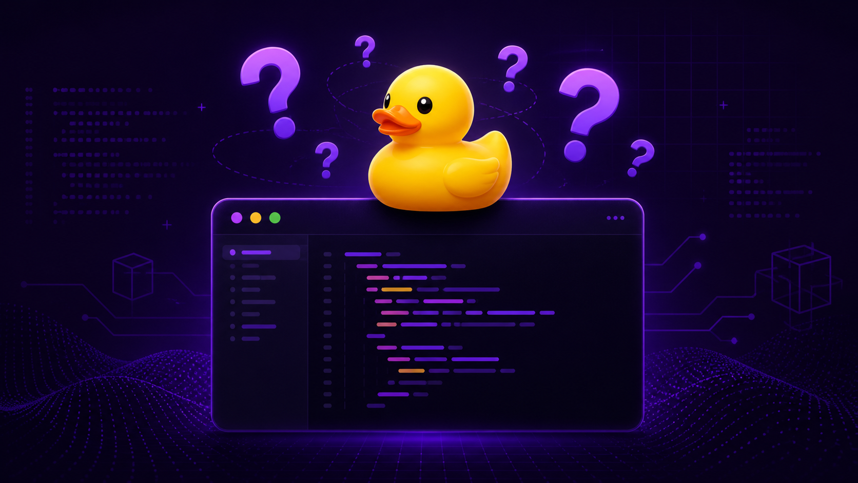 Patito de goma amarillo sobre terminal con signos de interrogación flotando sobre fondo violeta oscuro