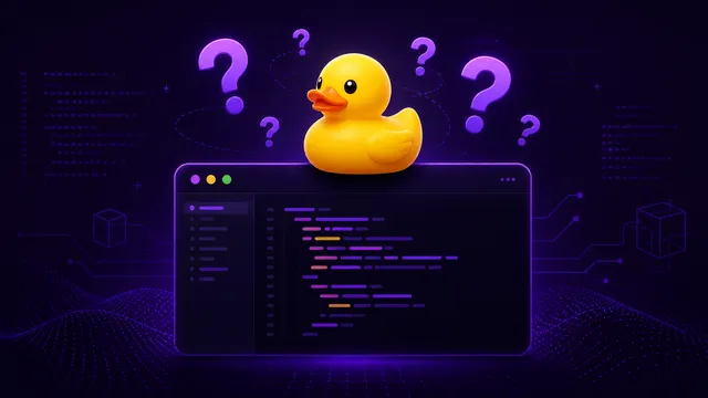 Patito de goma amarillo sobre terminal con signos de interrogación flotando sobre fondo violeta oscuro