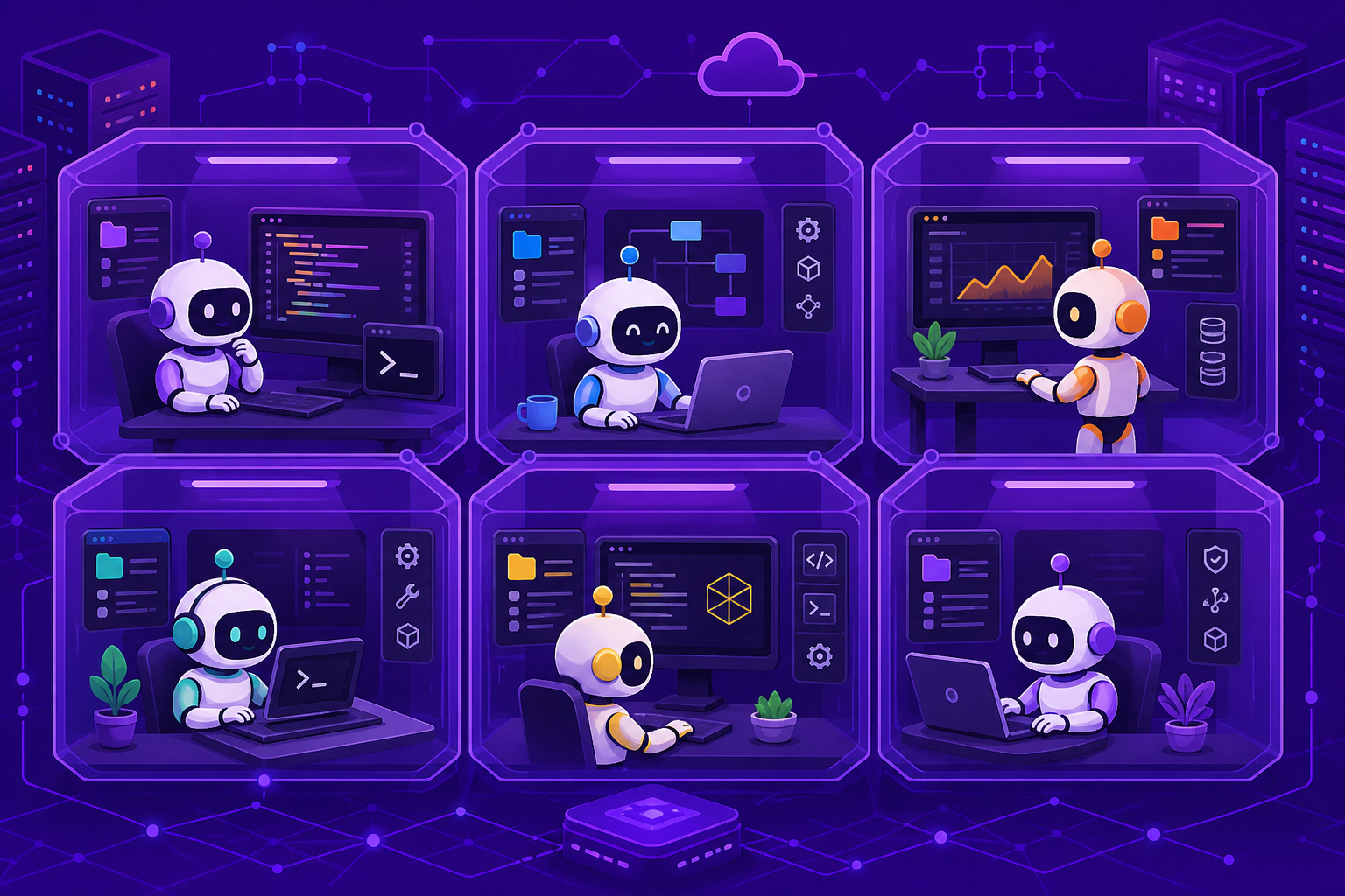 Multiples robots AI trabajando cada uno en su propia estación con navegadores y herramientas sobre fondo violeta oscuro