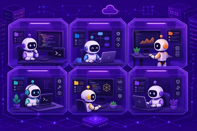 Multiples robots AI trabajando cada uno en su propia estación con navegadores y herramientas sobre fondo violeta oscuro