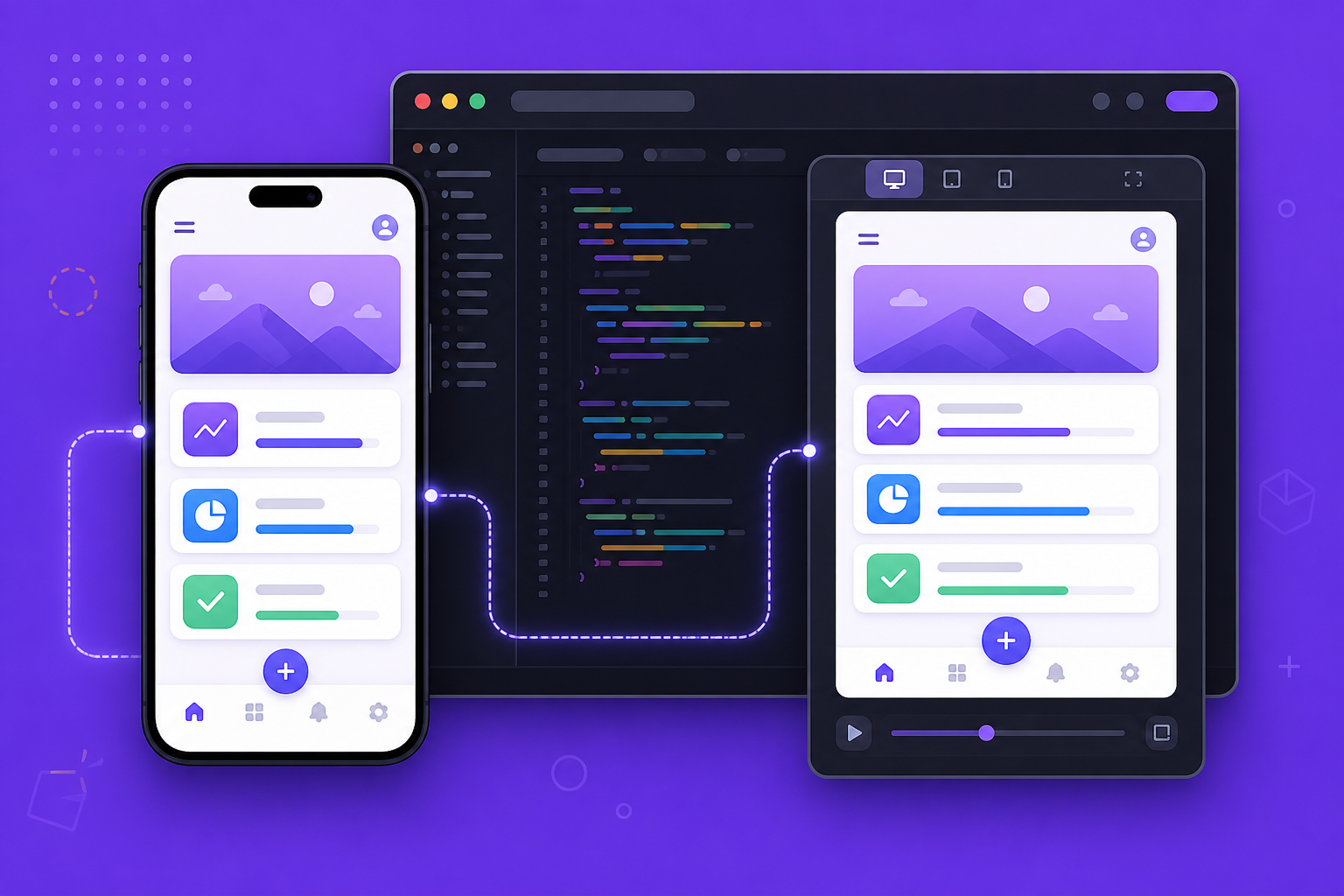 Smartfon mostrando app nativa conectado a navegador con editor de codigo y simulador WASM sobre fondo violeta oscuro