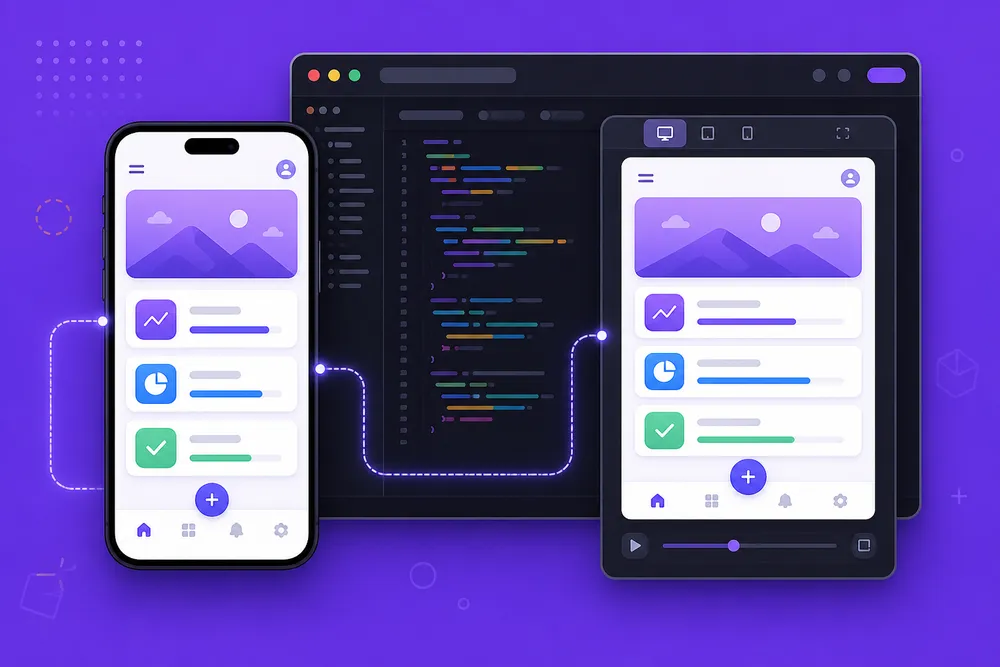 Smartfon mostrando app nativa conectado a navegador con editor de codigo y simulador WASM sobre fondo violeta oscuro