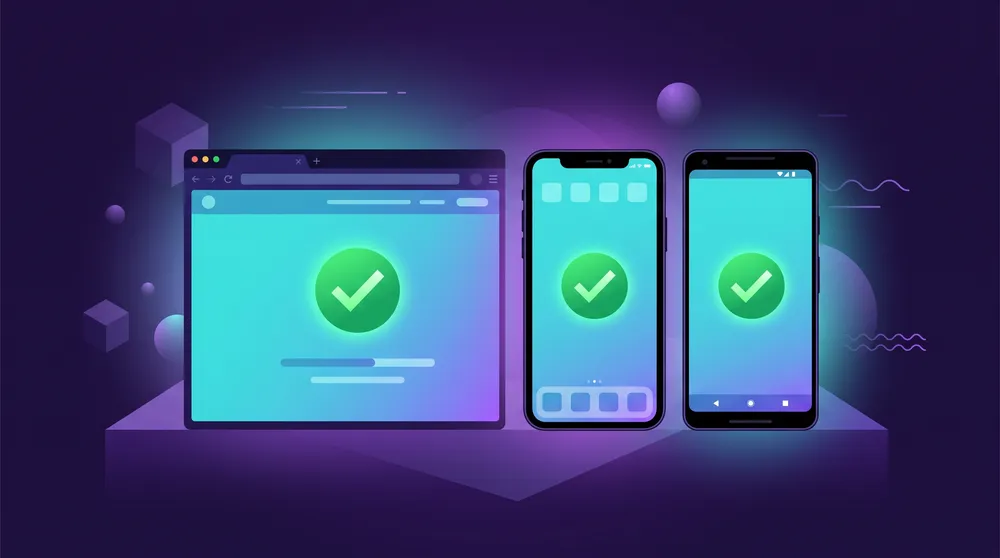 Un navegador, un iPhone y un móvil Android alineados, con marcas de verificación verdes sobre cada pantalla