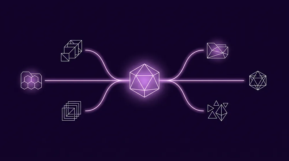 Nodo de memoria geometrico ramificandose en multiples hilos de proyecto sobre fondo violeta oscuro