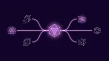 Nodo de memoria geometrico ramificandose en multiples hilos de proyecto sobre fondo violeta oscuro