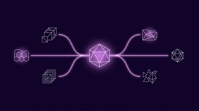 Nodo de memoria geometrico ramificandose en multiples hilos de proyecto sobre fondo violeta oscuro