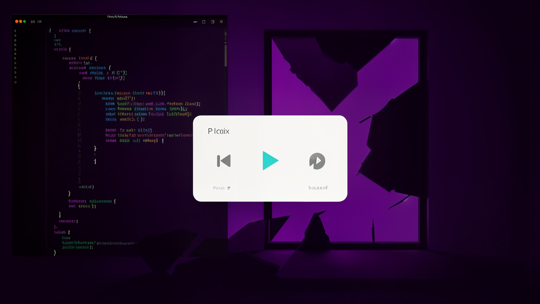 Reproductor de musica geometrico ligero flotando sobre la silueta pesada de una ventana de escritorio en fondo violeta oscuro