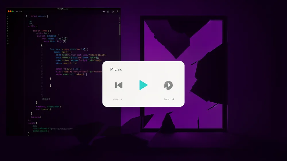 Reproductor de musica geometrico ligero flotando sobre la silueta pesada de una ventana de escritorio en fondo violeta oscuro