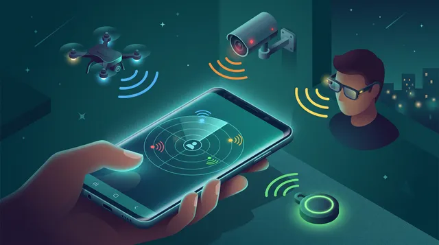 Móvil Android en primer plano con un radar en pantalla y ondas de señal que llegan desde un dron, una cámara, unas gafas y una etiqueta rastreadora alrededor