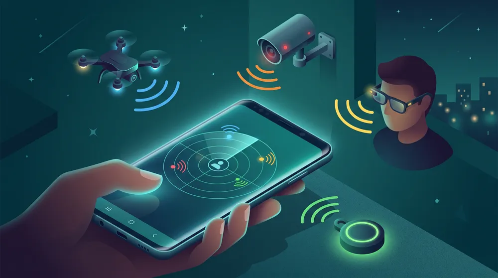 Móvil Android en primer plano con un radar en pantalla y ondas de señal que llegan desde un dron, una cámara, unas gafas y una etiqueta rastreadora alrededor