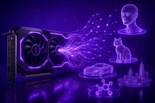 GPU gaming con luces LED violetas y visualización de red neuronal fluyendo hacia modelos holográficos sobre fondo violeta oscuro