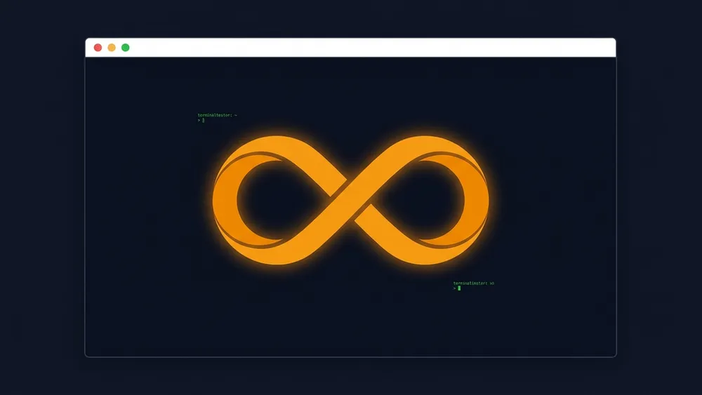 Símbolo de infinito naranja en una terminal sobre fondo oscuro