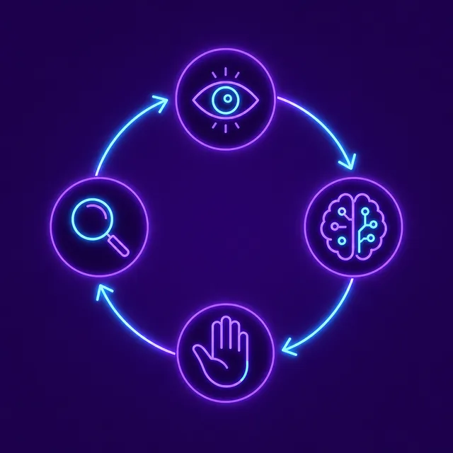 Diagrama circular con cuatro etapas del loop agéntico: percepción, razonamiento, acción y observación, sobre fondo violeta oscuro