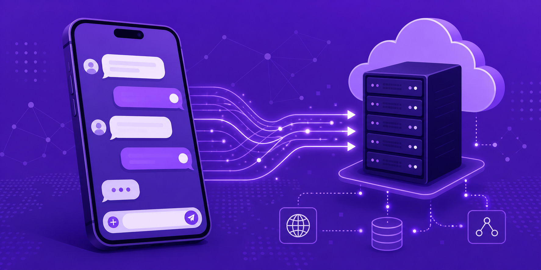 Smartfon enviando y recibiendo SMS con conexiones API HTTP fluyendo hacia un servidor sobre fondo violeta oscuro