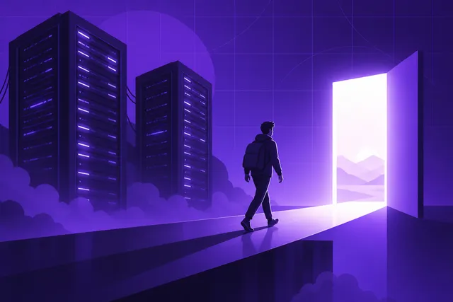 Ilustración de una silueta alejándose de dos torres corporativas brillantes hacia una puerta de luz sobre fondo violeta oscuro