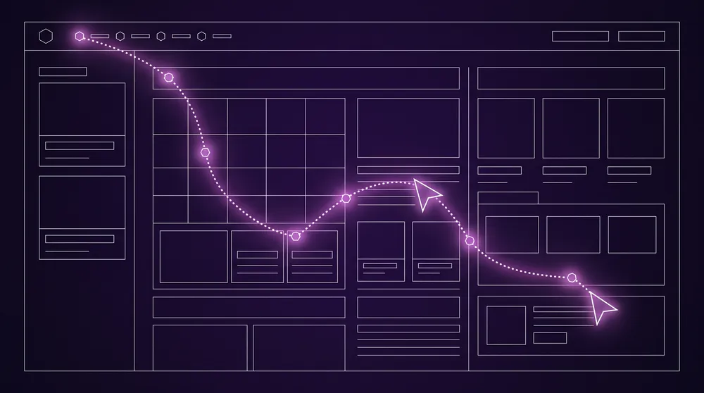 Cursor geometrico trazando una ruta entre nodos de una pagina web esquematica sobre fondo violeta oscuro