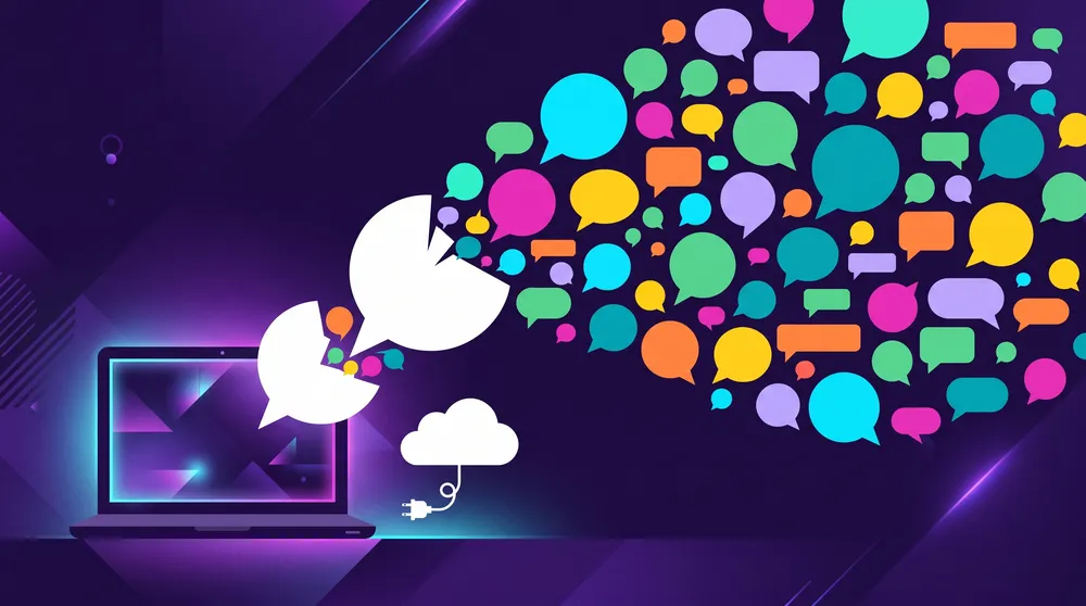 Portátil del que salen decenas de bocadillos de diálogo de colores, junto a una nube desconectada con el cable suelto