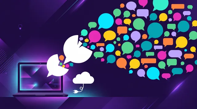 Portátil del que salen decenas de bocadillos de diálogo de colores, junto a una nube desconectada con el cable suelto