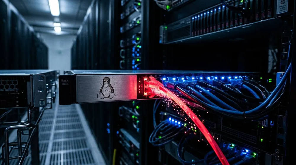Servidor en un rack de un centro de datos con los puertos de red iluminados en azul, un cable de red que brilla en rojo y un pingüino grabado en el frontal