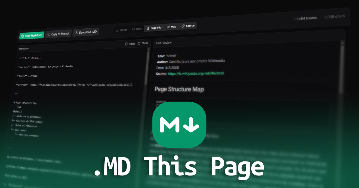 Interfaz de la extensión .MD this page mostrando el Markdown extraído de una página web