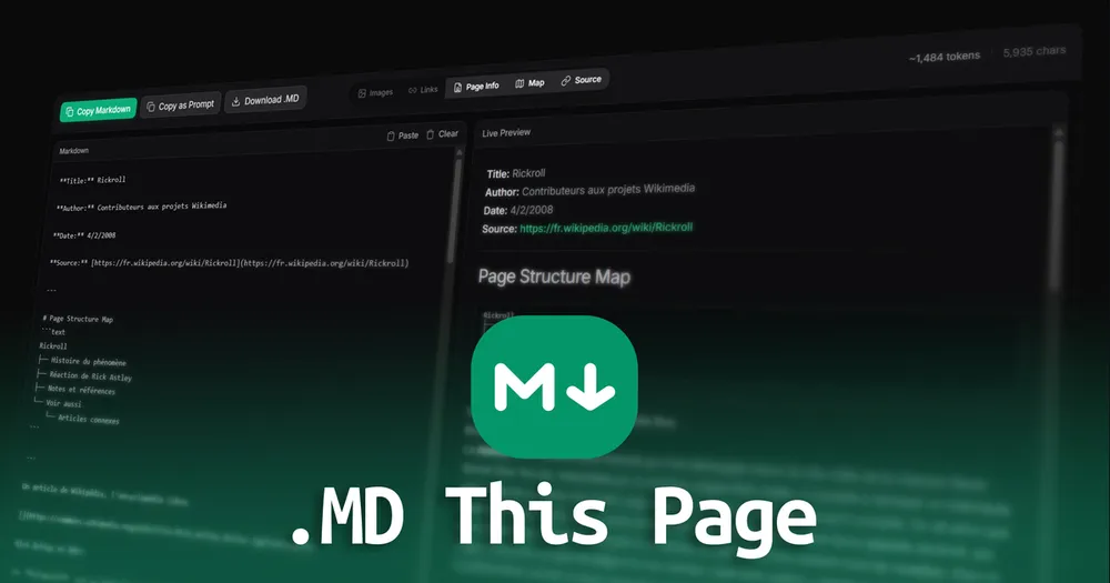 Interfaz de la extensión .MD this page mostrando el Markdown extraído de una página web