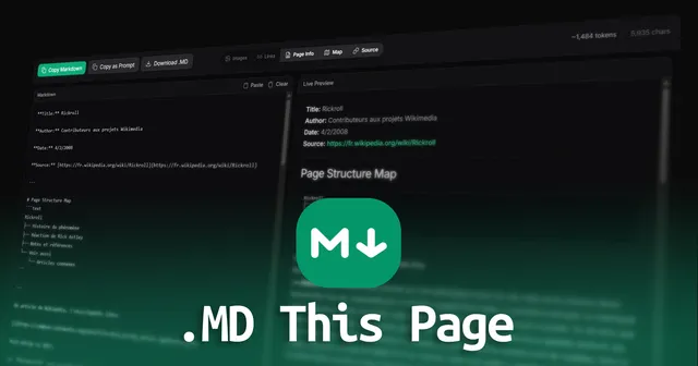 Interfaz de la extensión .MD this page mostrando el Markdown extraído de una página web