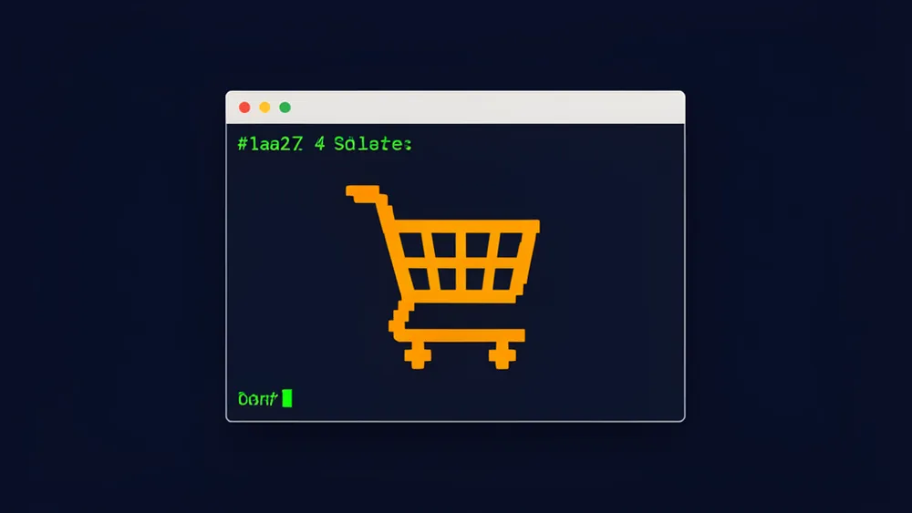 Terminal con icono de carrito de compra en ASCII sobre fondo oscuro