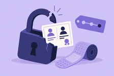 Candado de navegador agrietado que revela una tarjeta de certificado que no coincide, con una tira de parche y una etiqueta de versión flotando cerca, ilustración violeta minimalista