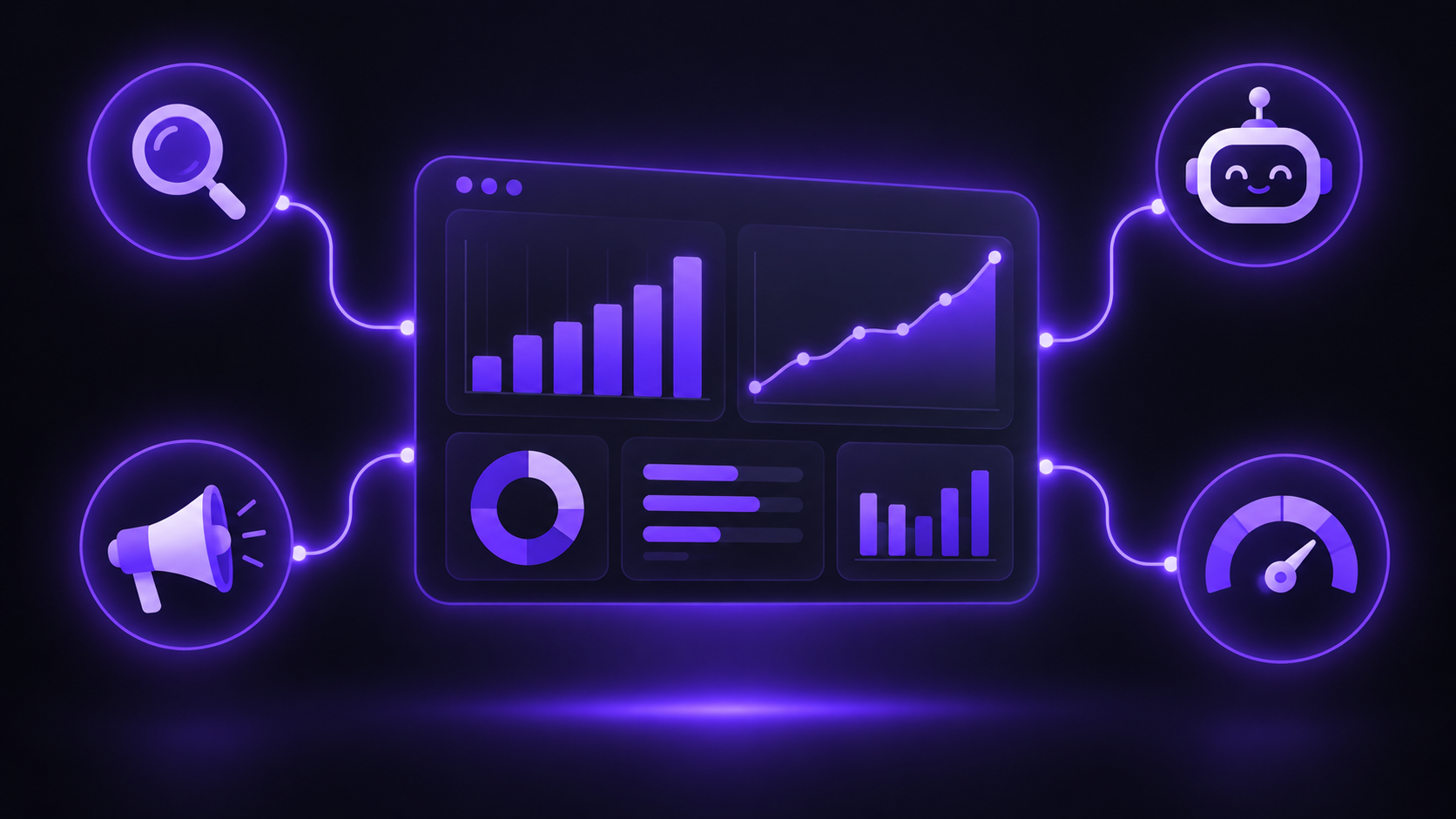Ilustración de un panel de marketing con gráficas de tráfico conectado por tuberías de datos violetas a iconos de SEO, anuncios, analítica y un agente IA