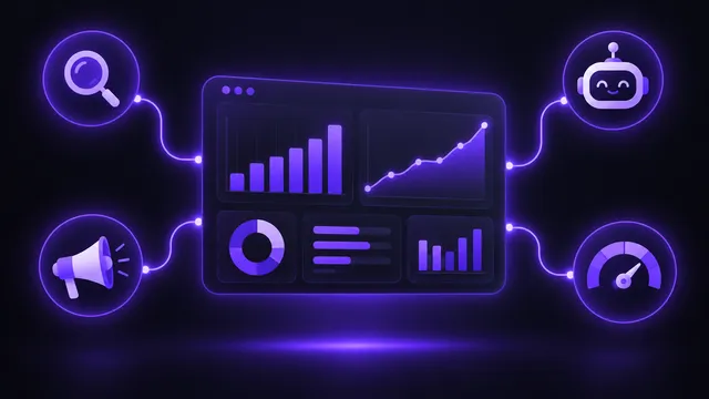 Ilustración de un panel de marketing con gráficas de tráfico conectado por tuberías de datos violetas a iconos de SEO, anuncios, analítica y un agente IA