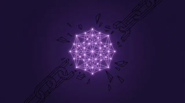 Cadena geometrica rompiendose alrededor de un nodo de red neuronal sobre fondo violeta oscuro