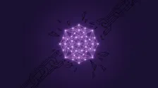 Cadena geometrica rompiendose alrededor de un nodo de red neuronal sobre fondo violeta oscuro