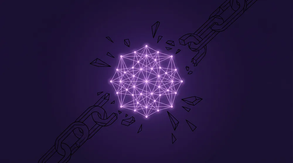 Cadena geometrica rompiendose alrededor de un nodo de red neuronal sobre fondo violeta oscuro
